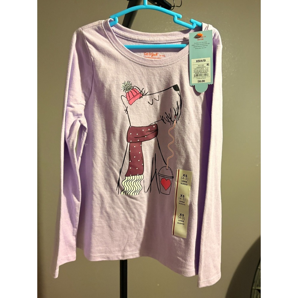 Cat & Jack Girls Purple Long Sleeve Shirt With Dog in Pink Hat‎ Sz XS (4-5)